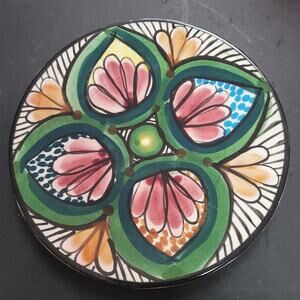 Handmade Handpainted Dominica plate floral design abstract green pink yellow 6"
